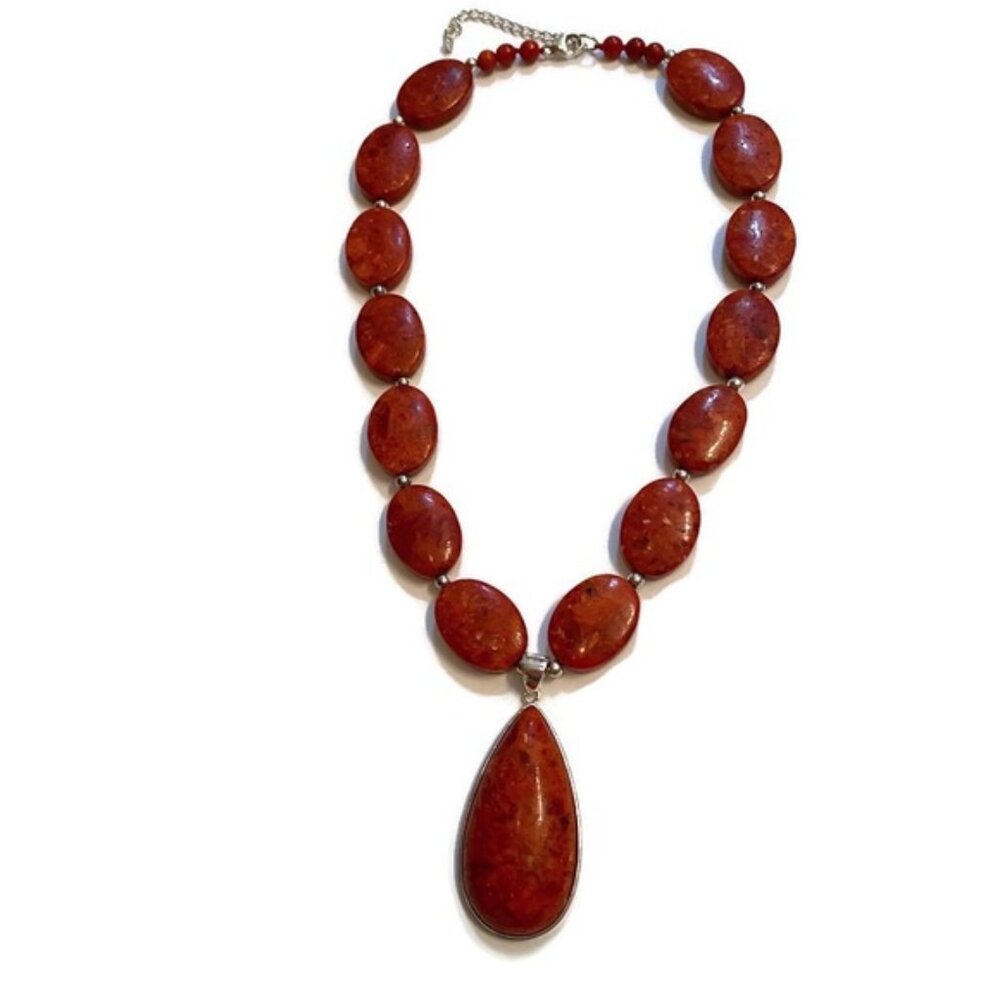 LUCAS LAMETH NECKLACE RED STONE CORAL 925 STERLING SILVER 18” SIGNED